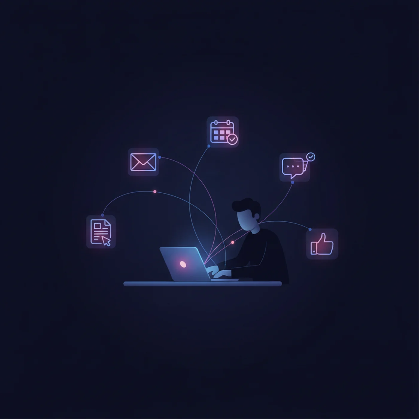 Non-technical user at a laptop with floating automation icons for email, calendar, chat, and documents